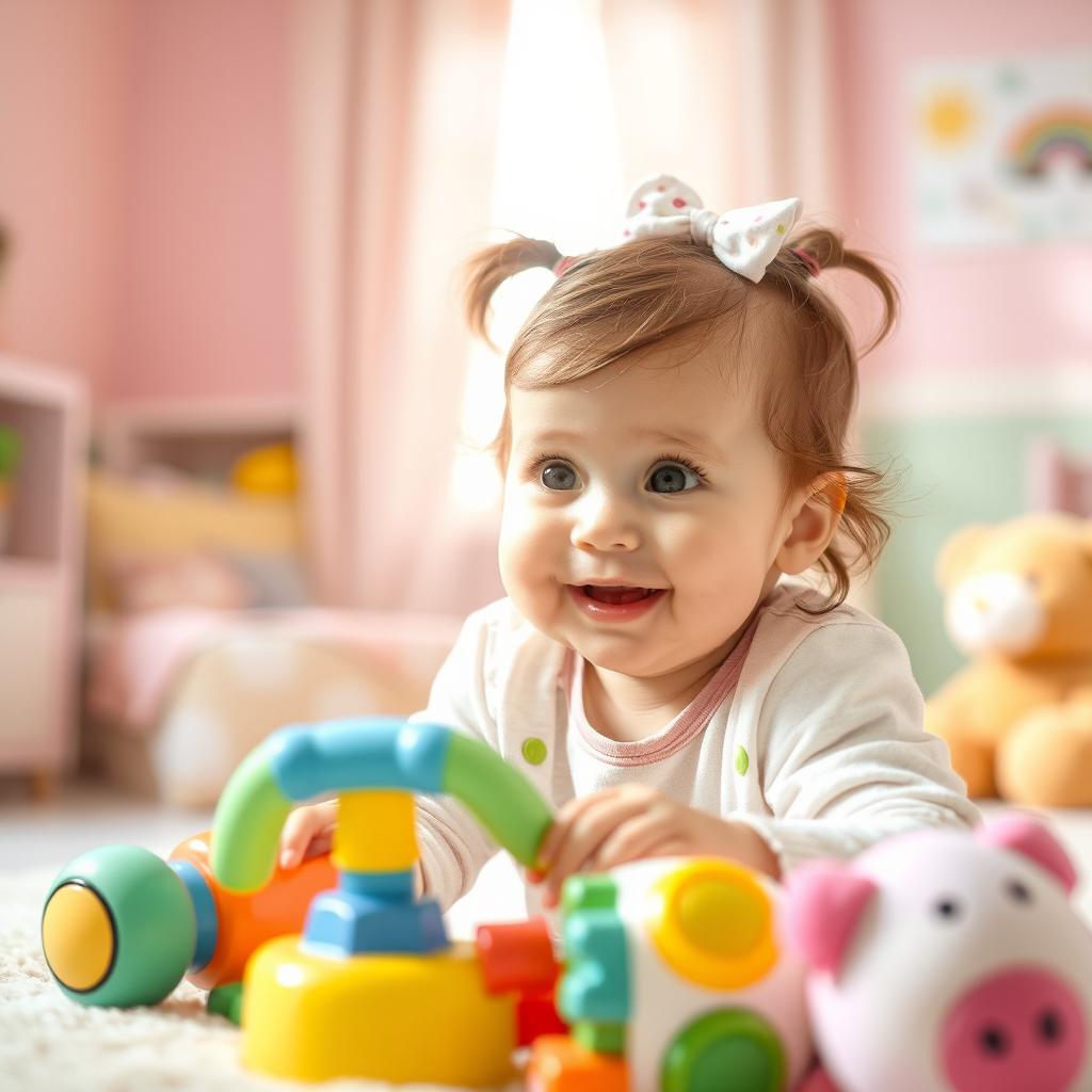 a cute baby girl playing with colorful toys in a bright and cheerful nursery, her big eyes sparkling with joy and curiosity, surrounded by pastel-colored walls and plush stuffed animals, soft sunlight streaming through the window creating a warm atmosphere