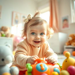 a cute baby girl playing with colorful toys in a bright and cheerful nursery, her big eyes sparkling with joy and curiosity, surrounded by pastel-colored walls and plush stuffed animals, soft sunlight streaming through the window creating a warm atmosphere