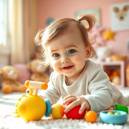 a cute baby girl playing with colorful toys in a bright and cheerful nursery, her big eyes sparkling with joy and curiosity, surrounded by pastel-colored walls and plush stuffed animals, soft sunlight streaming through the window creating a warm atmosphere