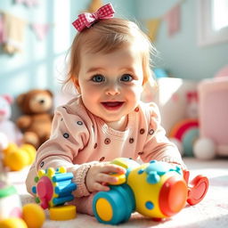 a cute baby girl playing with colorful toys in a bright and cheerful nursery, her big eyes sparkling with joy and curiosity, surrounded by pastel-colored walls and plush stuffed animals, soft sunlight streaming through the window creating a warm atmosphere