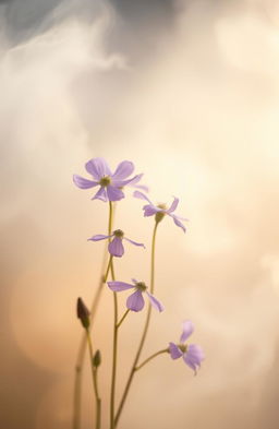 An ethereal scene featuring delicate purple flowers with faded petals surrounded by a soft mist