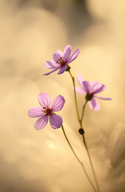 An ethereal scene featuring delicate purple flowers with faded petals surrounded by a soft mist