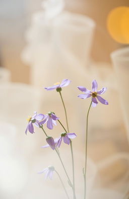 An ethereal scene featuring delicate purple flowers with faded petals surrounded by a soft mist
