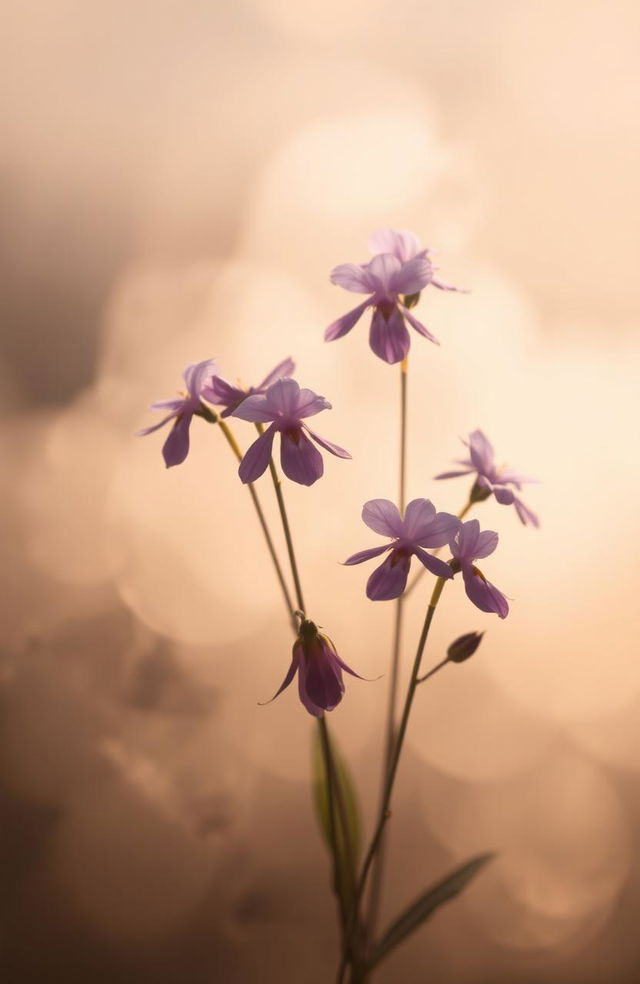 An ethereal scene featuring delicate purple flowers with faded petals surrounded by a soft mist