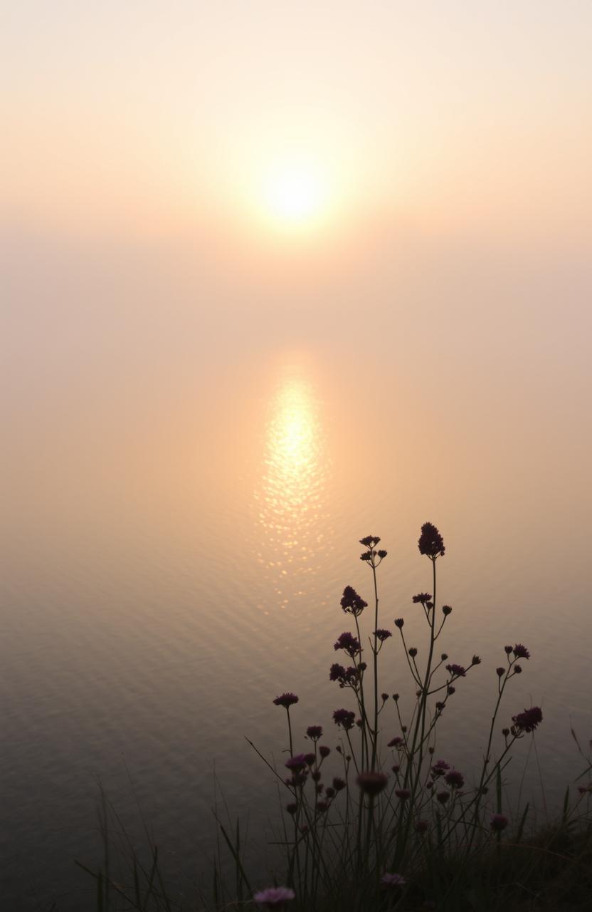 A serene landscape featuring a golden sunrise illuminating a misty scene