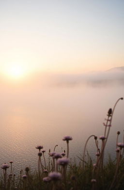 A serene landscape featuring a golden sunrise illuminating a misty scene