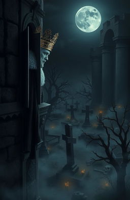 A regal king with a majestic crown peering out from a castle window, overlooking a dark and eerie cemetery filled with scattered bones and signs of death
