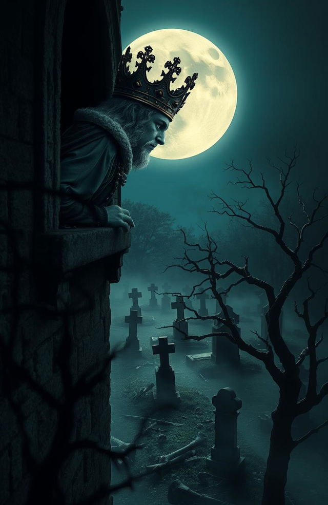 A regal king with a majestic crown peering out from a castle window, overlooking a dark and eerie cemetery filled with scattered bones and signs of death