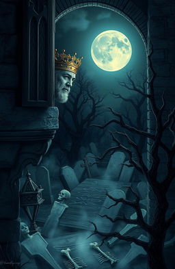 A regal king with a majestic crown peering out from a castle window, overlooking a dark and eerie cemetery filled with scattered bones and signs of death