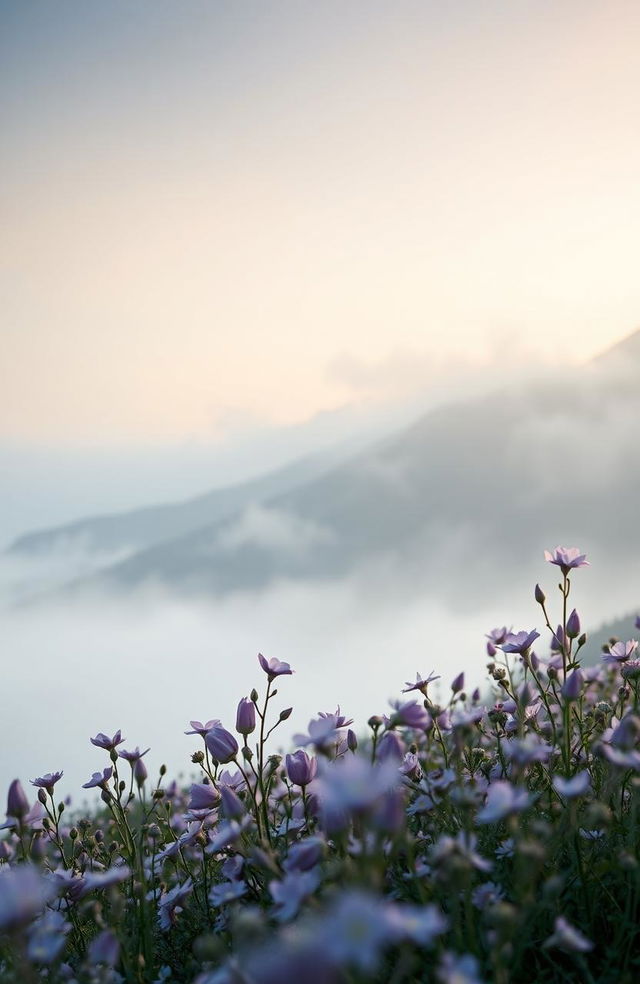 A serene landscape that captures the essence of purity and elegance, featuring a dreamy mist that envelops the scene