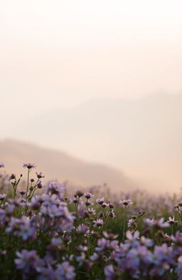 A serene landscape that captures the essence of purity and elegance, featuring a dreamy mist that envelops the scene