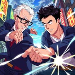 A dynamic confrontation between two characters styled in the vibrant aesthetic of My Hero Academia