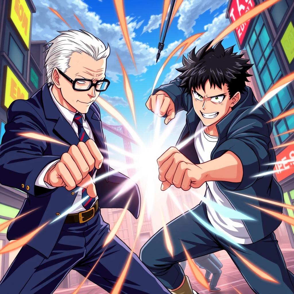 A dynamic confrontation between two characters styled in the vibrant aesthetic of My Hero Academia