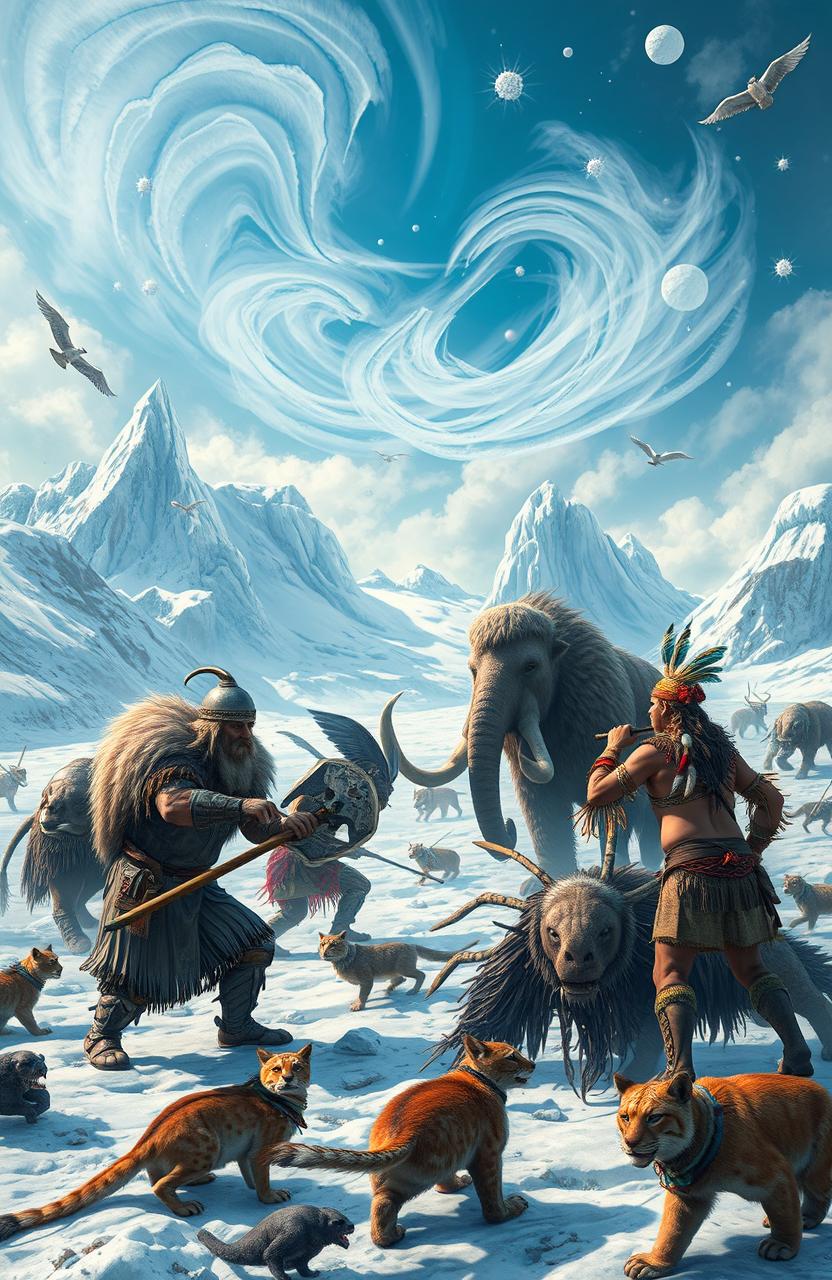 A dynamic scene depicting a clash between Viking warriors and spiritual Native Americans in a fantastical, icy landscape dotted with Ice Age megafauna like woolly mammoths and saber-toothed cats