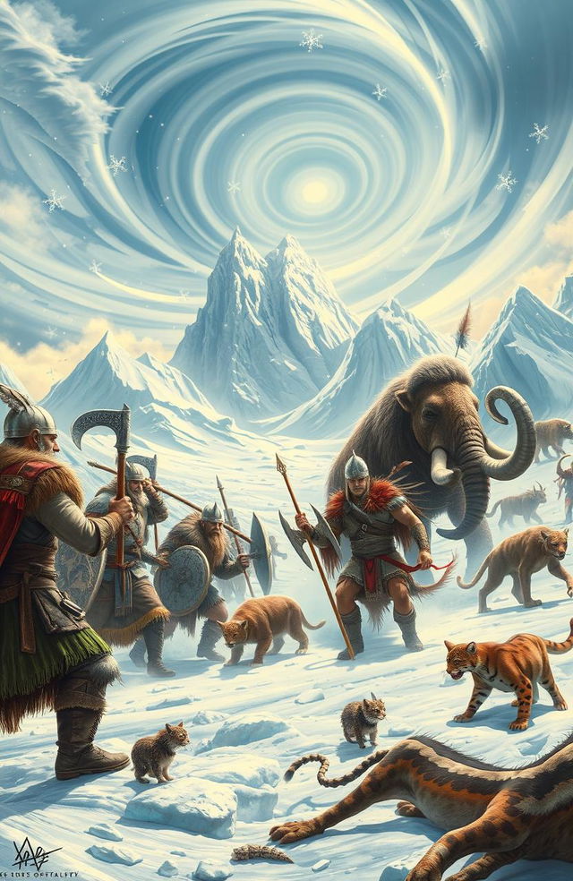 A dynamic scene depicting a clash between Viking warriors and spiritual Native Americans in a fantastical, icy landscape dotted with Ice Age megafauna like woolly mammoths and saber-toothed cats