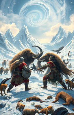 A dynamic scene depicting a clash between Viking warriors and spiritual Native Americans in a fantastical, icy landscape dotted with Ice Age megafauna like woolly mammoths and saber-toothed cats