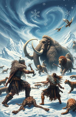A dynamic scene depicting a clash between Viking warriors and spiritual Native Americans in a fantastical, icy landscape dotted with Ice Age megafauna like woolly mammoths and saber-toothed cats