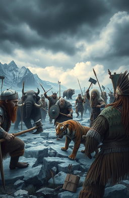 A dramatic scene depicting Viking warriors in traditional armor and garb, engaged in battle with spiritual Native American tribes under a gray, stormy sky