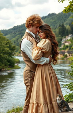 A couple holding each other intimately, dressed in 1800s attire
