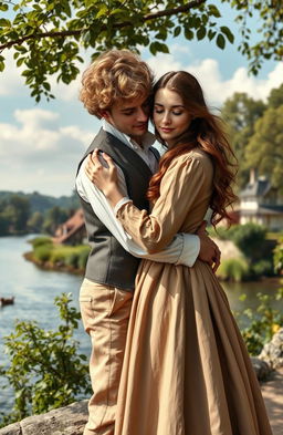A couple holding each other intimately, dressed in 1800s attire