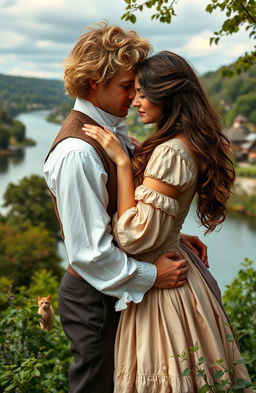 A couple holding each other intimately, dressed in 1800s attire