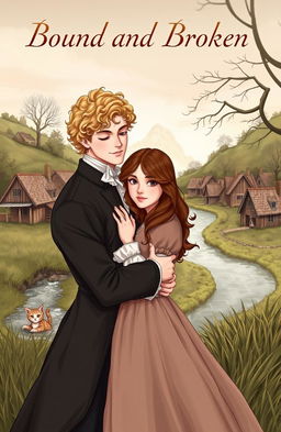 An illustration of a couple living in the 1800s in England, holding each other affectionately