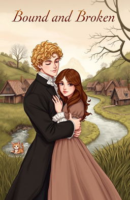 An illustration of a couple living in the 1800s in England, holding each other affectionately