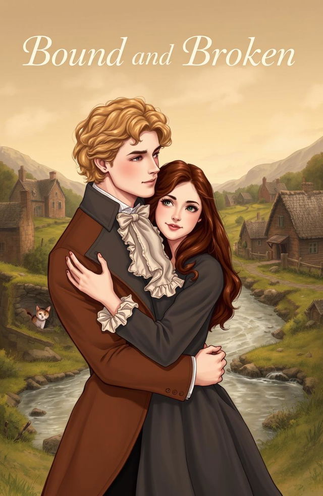 An illustration of a couple living in the 1800s in England, holding each other affectionately