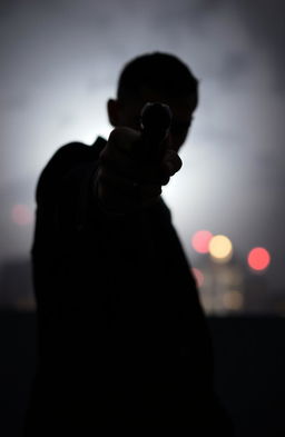 A menacing hitman pointing a firearm directly at the viewer, showcasing a sense of danger and suspense
