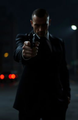 A menacing hitman pointing a firearm directly at the viewer, showcasing a sense of danger and suspense