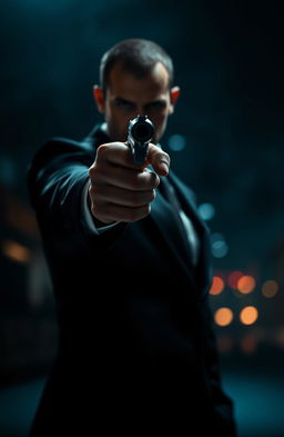 A menacing hitman pointing a firearm directly at the viewer, showcasing a sense of danger and suspense