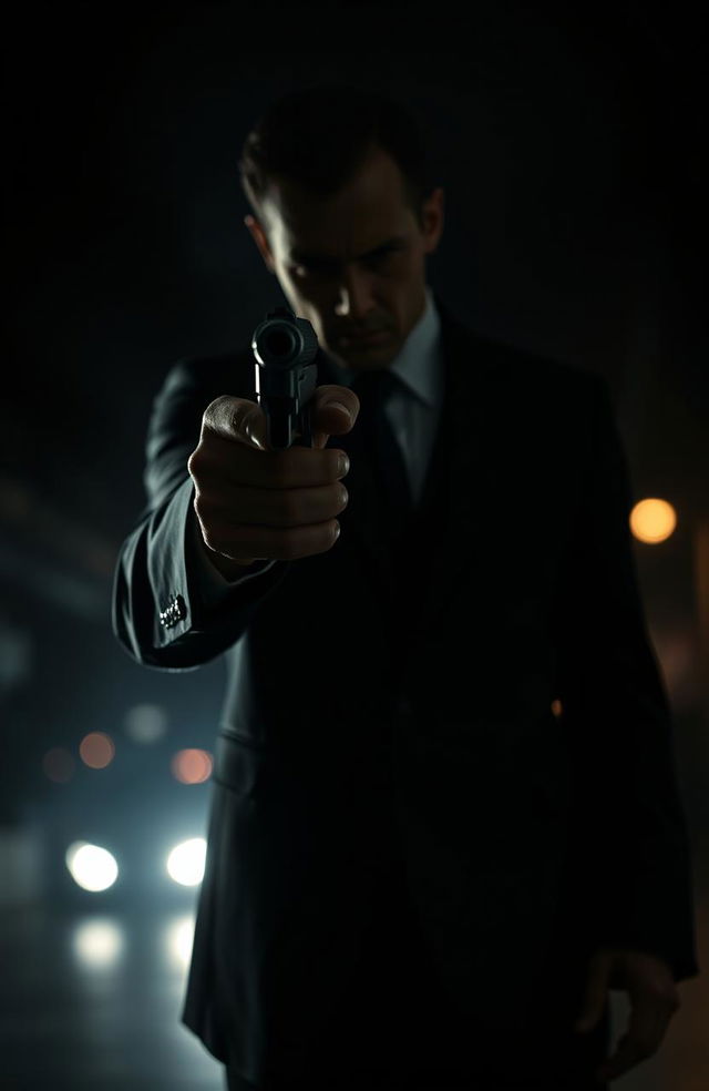 A menacing hitman pointing a firearm directly at the viewer, showcasing a sense of danger and suspense