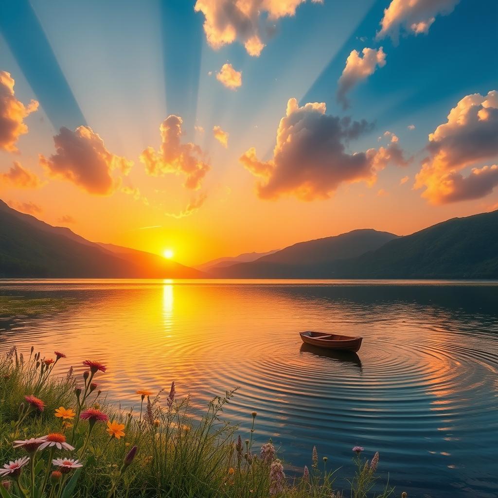 A serene and tranquil landscape featuring a golden sunset over a calm lake, surrounded by lush green mountains