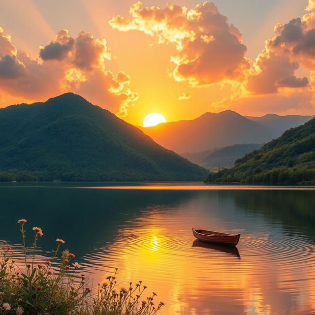 A serene and tranquil landscape featuring a golden sunset over a calm lake, surrounded by lush green mountains