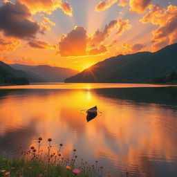 A serene and tranquil landscape featuring a golden sunset over a calm lake, surrounded by lush green mountains