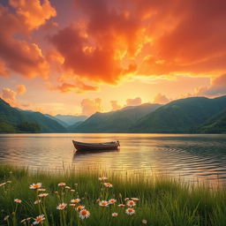 A serene and tranquil landscape featuring a golden sunset over a calm lake, surrounded by lush green mountains
