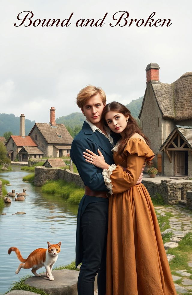 A young couple living in the 1800s in England, holding each other affectionately near a picturesque setting