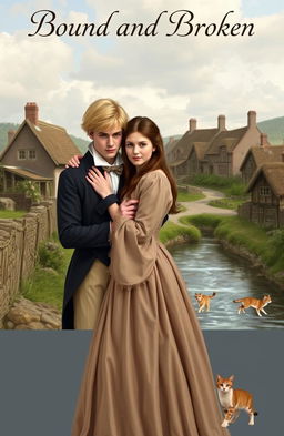 A young couple living in the 1800s in England, holding each other affectionately near a picturesque setting
