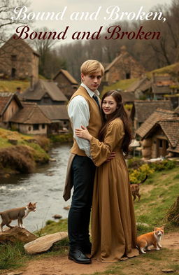 A young couple living in the 1800s in England, holding each other affectionately near a picturesque setting