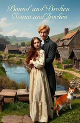 A young couple living in the 1800s in England, holding each other affectionately near a picturesque setting