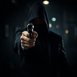 A mysterious hitman pointing a firearm directly at the viewer, creating a strong sense of danger and intrigue
