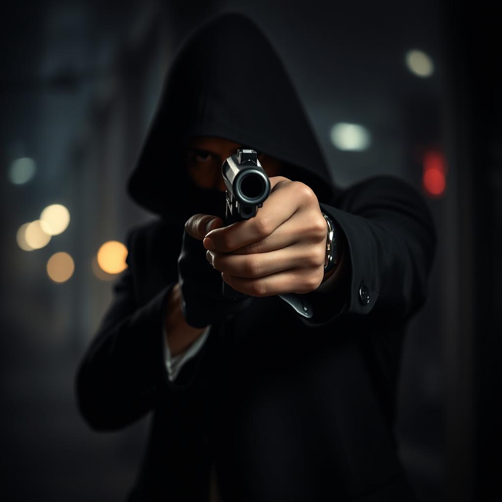 A mysterious hitman pointing a firearm directly at the viewer, creating a strong sense of danger and intrigue