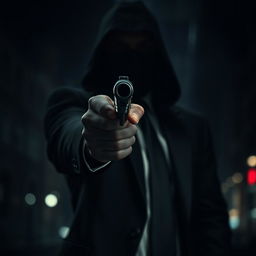 A mysterious hitman pointing a firearm directly at the viewer, creating a strong sense of danger and intrigue