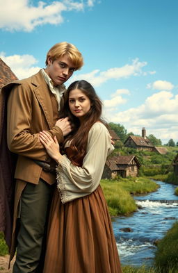 A young couple living in 1800s England, with the man being tall and blonde, dressed in elegant and fancy clothing, while the woman has long brown hair, is shorter, and wearing simple, poor attire