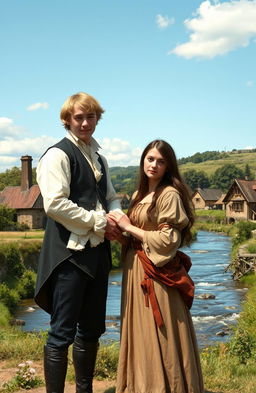 A young couple living in 1800s England, with the man being tall and blonde, dressed in elegant and fancy clothing, while the woman has long brown hair, is shorter, and wearing simple, poor attire