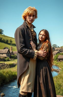 A young couple living in 1800s England, with the man being tall and blonde, dressed in elegant and fancy clothing, while the woman has long brown hair, is shorter, and wearing simple, poor attire