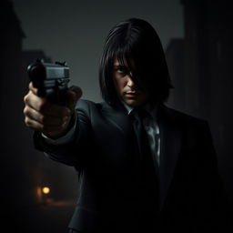 A mysterious male hitman with long black hair pointing a firearm directly at the viewer, creating an intense and threatening atmosphere