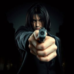A mysterious male hitman with long black hair pointing a firearm directly at the viewer, creating an intense and threatening atmosphere