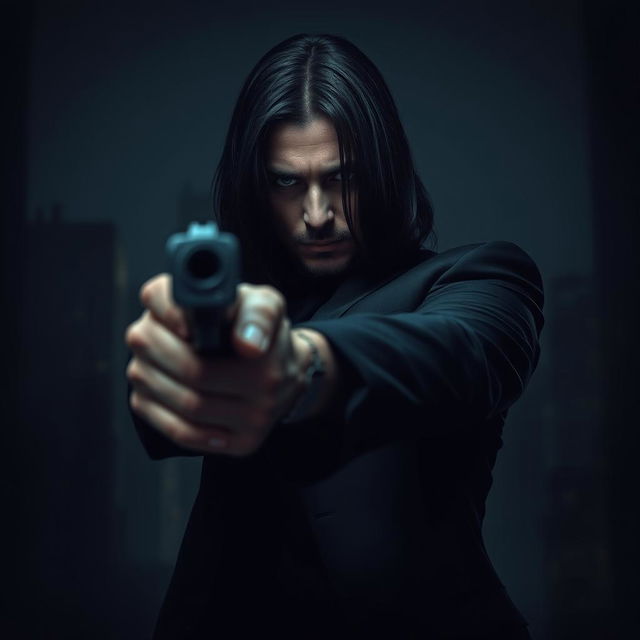 A mysterious male hitman with long black hair pointing a firearm directly at the viewer, creating an intense and threatening atmosphere