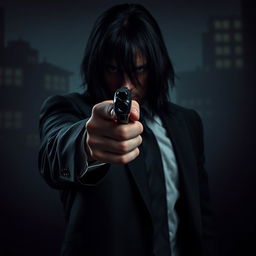 A mysterious male hitman with long black hair pointing a firearm directly at the viewer, creating an intense and threatening atmosphere